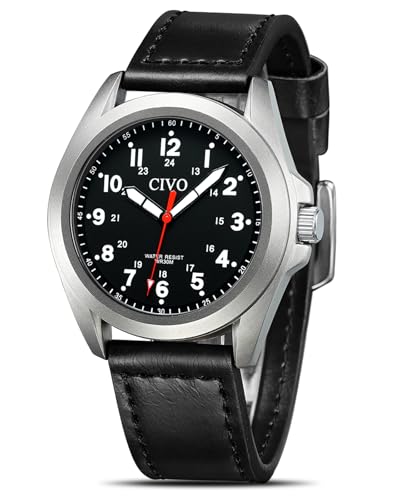 CIVO Uhren Herren Lederarmband Schwarz: Militär Herrenuhr Analog Quarz - Wasserdicht Armbanduhr Herren für Sport Outdoor von CIVO