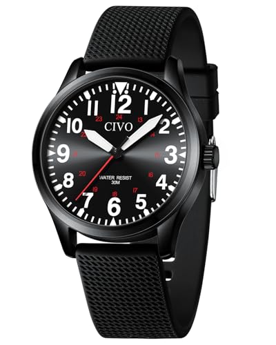 CIVO Uhren Herren Militär Outdoor: Mode Quarzuhr mit Groß Zahlen - Analog Schwarz Wasserdicht Silikon Männer von CIVO