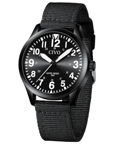CIVO Uhren Herren Militär Outdoor: Mode Quarzuhr mit Groß Zahlen Schwarz - Analog Wasserdicht Nylonband von CIVO
