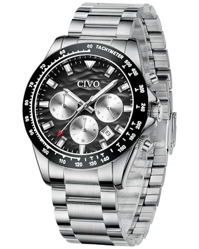 CIVO Uhren Herren Militär Wasserdicht: Silber Edelstahl Chronographen Datum - Analog Quarz Uhren für Männer Schwarz von CIVO