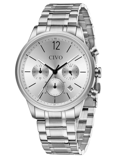 CIVO Uhren Herren Silber Armbanduhr: Chronograph Analog Quarz Herrenuhr mit Datum - Edelstahl Wasserdicht Herren Uhr von CIVO