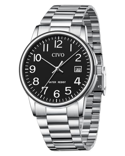 CIVO Uhren Herren Silber Armbanduhr: Wasserdicht Männer Uhr Schwarz Ziffernblatt Klassisch - Edelstahl Herren Uhr Analog Quarz mit Datum von CIVO