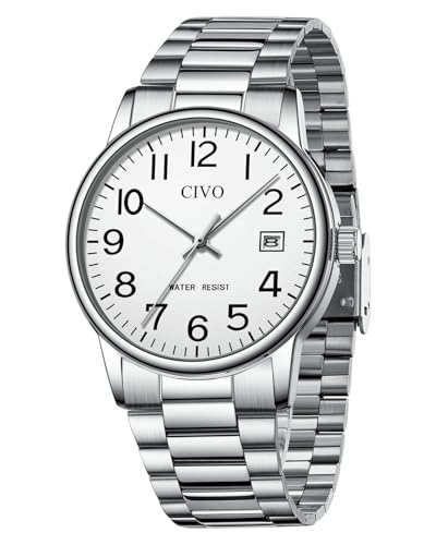 CIVO Uhren Herren Silber Armbanduhr: Wasserdicht Männer Uhr Weiß Ziffernblatt Klassisch - Edelstahl Herren Uhr Analog Quarz mit Datum von CIVO