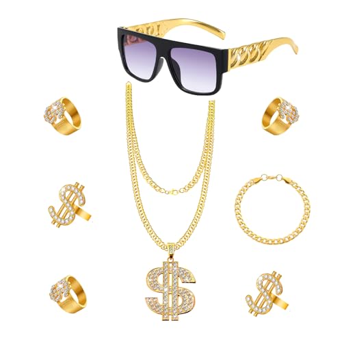 CIYIN Zuhälter Kostüm Set 8 Stück, Hip Hop Kostüm Herren, Hip Hop Schmuck 80er 90er Jahre Accessoires, Hip Hop Rapper Kostüm Set, Goldkette Dollar Ring Halskette für Karneval Mottoparty von CIYIN