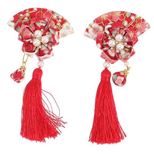 CIYODO 2 Stück Japanischer Fächer Haarclip Teilig Vintage Haarklammer mit Quaste Damen Haarschmuck für Hochzeit Party Cosplay und Alltag von CIYODO