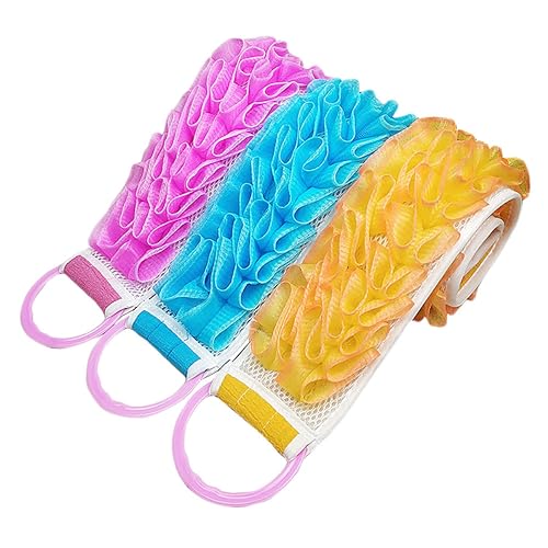 CIYODO 3 Stück Teiliges Doppelseitiges Verdicktes Badetuch mit Streifen Reißfestes Vielseitiges Peeling badetuch in Gelb Blau und Rosa für Effektives Rückenpeeling und Sanfte von CIYODO