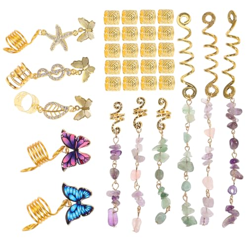 CIYODO 31 Stück Teiliges Dreadlock Haarzubehör Goldfarbene Haarperlen mit Stern Schmetterling und Strassbesatz Dreadlock Charms für Damen Zöpfe Ponytails und Flechtfrisuren von CIYODO