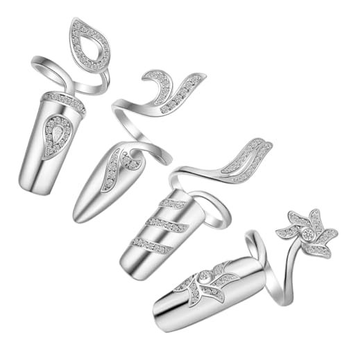 CIYODO 4 Stück Teiliges Fingernagelringe mit Strasssteinen Verstellbare Modische Alloy Ringe Gesundes Nageldesign frei von Kleber Elegante Damen Fingerringe für Hochzeit Party von CIYODO