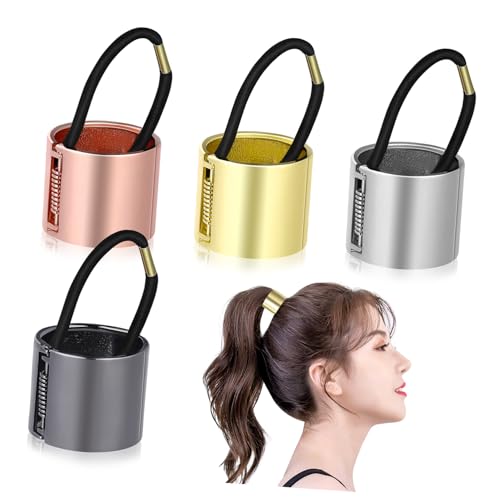 CIYODO 4 Stück Teiliges Metall Haarband mit Federschnalle Elastischem Band Modisches Ponytail Cuff in Gold Silber Roségold und Schwarz Langlebiges Accessoire für Frauen und Mädchen von CIYODO