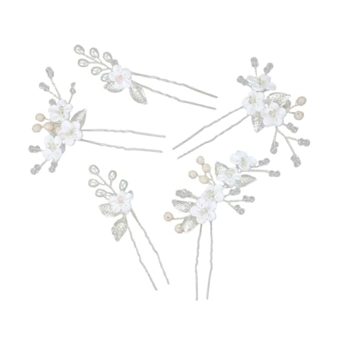 CIYODO 5 Stück Teiliges Braut Haarspangen U Förmige Metall Haarnadeln mit Weißen Keramikblumen und Silbernen Blättern Leichte Hochzeits Haarschmuck für Damen Vielseitig für Festliche von CIYODO