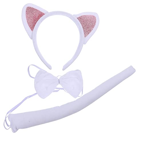 CIYODO Cosplay Katzenohren Haarreif mit Schleife und Katzenschwanz Flauschiges Party Kostümzubehör für Karneval Rollenspiel und Tier mottoparty Bequem und Langlebig Weiß mit Pinken von CIYODO