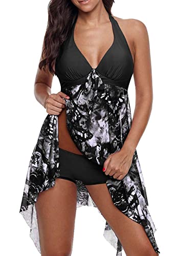 CIZEUR Tankini Damen Bauchweg Große Größen mit Short Badeanzug Blumendruck Push up Beachwear Swim Kleid Elegante 2XL Schwarz von CIZEUR