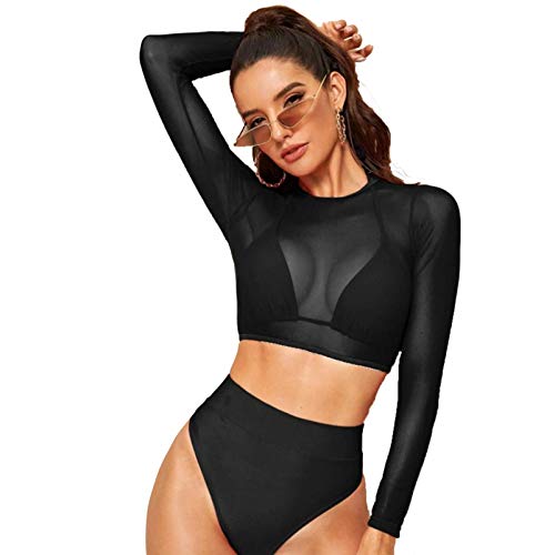 CIZEUR Bikini Damen High Waist Halfter Bademode Badeanzug Verstellbarer Mit Transparent Netz T-Shirt Sexy 1-Schwarz, M von CIZEUR