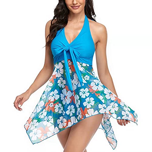 CIZEUR Damen Badeanzug Bauchweg Tankini Set Badekleid Mesh Neckholder Mit Slip Bademode Push-up 2XL Blau von CIZEUR