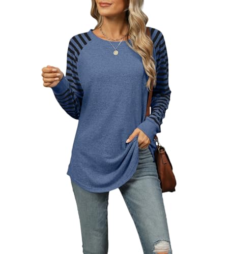 CIZEUR Damen Pullover Rundhalsausschnitt Gestreifte Ärmel aus Patchwork Frühling und Herbst Sweatshirts Blusen Tunika Tops Elegant,Blau S von CIZEUR