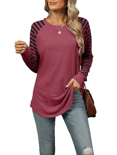 CIZEUR Damen Pullover Rundhalsausschnitt Gestreifte Ärmel aus Patchwork Frühling und Herbst Sweatshirts Blusen Tunika Tops Elegant,Burgunderrot L von CIZEUR