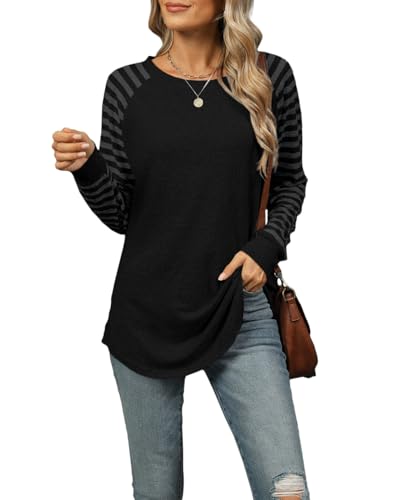 CIZEUR Damen Pullover Rundhalsausschnitt Gestreifte Ärmel aus Patchwork Frühling und Herbst Sweatshirts Blusen Tunika Tops Elegant,Schwarz 2XL von CIZEUR