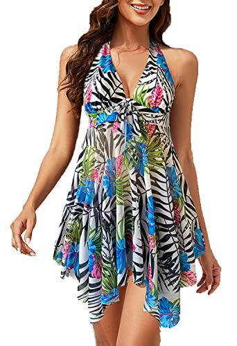 CIZEUR Damen Tankini Set Bauchweg Zweiteilig Große Größen mit Short Badeanzug Blumendruck Push up Beachwear Swim Kleid Elegante XL Bunte Blätter von CIZEUR