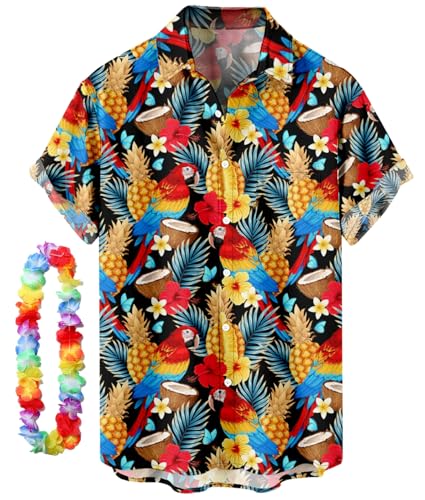 CIZEUR Funky Hawaiihemd Herren Kurzarm Button-Down Front-Tasche Floral Bedruckter Strandhemd Sommerhemd Party Hemd Kurzarm Unisex，4XL BK-Roter Papagei von CIZEUR