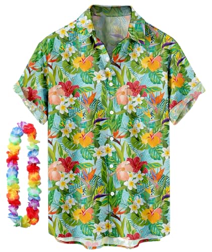 CIZEUR Funky Hawaiihemd Herren Kurzarm Button-Down Front-Tasche Floral Bedruckter Strandhemd Sommerhemd Party Hemd Kurzarm Unisex，4XL GN-Blumen von CIZEUR