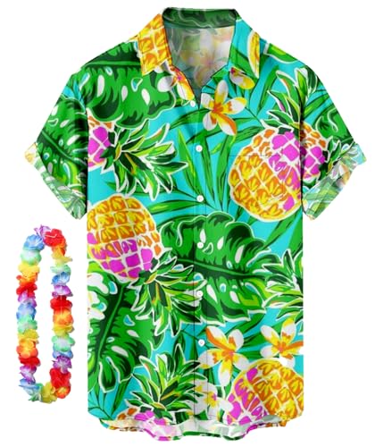 CIZEUR Funky Hawaiihemd Herren Kurzarm Button-Down Front-Tasche Floral Bedruckter Strandhemd Sommerhemd Party Hemd Kurzarm Unisex，4XL GN-Gelbe Rosa Ananas von CIZEUR