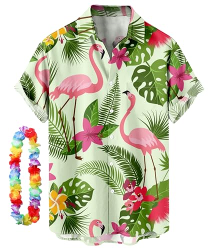 CIZEUR Funky Hawaiihemd Herren Kurzarm Button-Down Front-Tasche Floral Bedruckter Strandhemd Sommerhemd Party Hemd Kurzarm Unisex，L LTGN-Flamingos von CIZEUR