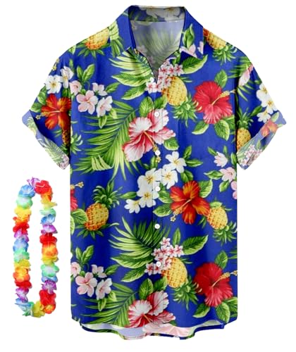 CIZEUR Funky Hawaiihemd Herren Kurzarm Button-Down Front-Tasche Floral Bedruckter Strandhemd Sommerhemd Party Hemd Kurzarm Unisex，L SaphirBlau-Blumen von CIZEUR