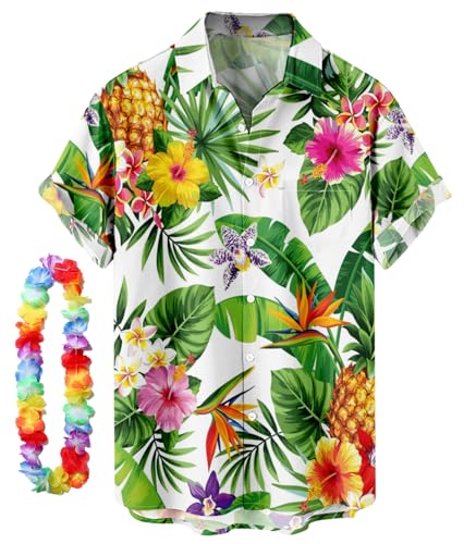 CIZEUR Funky Hawaiihemd Herren Kurzarm Button-Down Front-Tasche Floral Bedruckter Strandhemd Sommerhemd Party Hemd Kurzarm Unisex，L WT-Grünes Blatt Ananas von CIZEUR