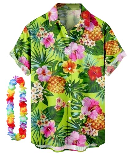 CIZEUR Funky Hawaiihemd Herren Kurzarm Button-Down Front-Tasche Floral Bedruckter Strandhemd Sommerhemd Party Hemd Kurzarm Unisex，XXL GN-Blumen-Ananas von CIZEUR