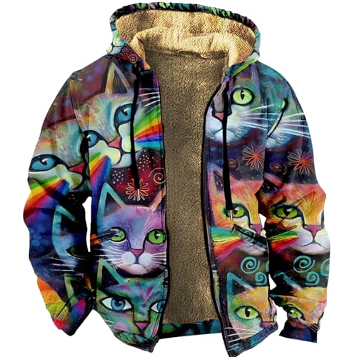 CIZEUR Herren 3D Kapuzenpullover mit Reißverschluss Langarm Kapuzenjacke Fleecejack Männer Sweatjacke Mit Kapuze für Herbst Winter, L Katze mit Buntem Gesicht von CIZEUR