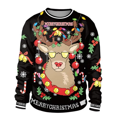CIZEUR Herren Weihnachtspulli 3D Gedruckt Ugly Christmas Sweater Unisex Couple Sweatshirt Weihnachtsmann Drucken，L BK-Hirsch von CIZEUR