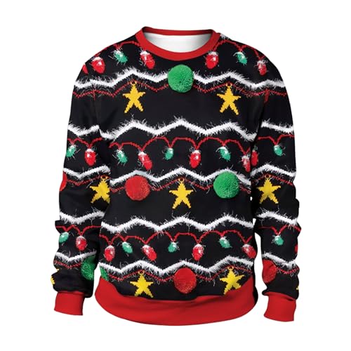 CIZEUR Herren Weihnachtspulli 3D Gedruckt Ugly Christmas Sweater Unisex Couple Sweatshirt Weihnachtsmann Drucken，M BK-Bunte Laternen von CIZEUR