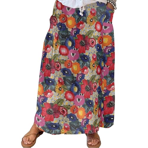 CIZEUR Röcke Damen Sommer Lang Blumen Rock A-Linie Elastisch Taille Maxirock Boho Strandrock Sommerrock, 3XL Bunte Blumen von CIZEUR