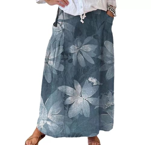 CIZEUR Röcke Damen Sommer Lang Blumen Rock A-Linie Elastisch Taille Maxirock Boho Strandrock Sommerrock, L DKBL-weiße Blüten von CIZEUR