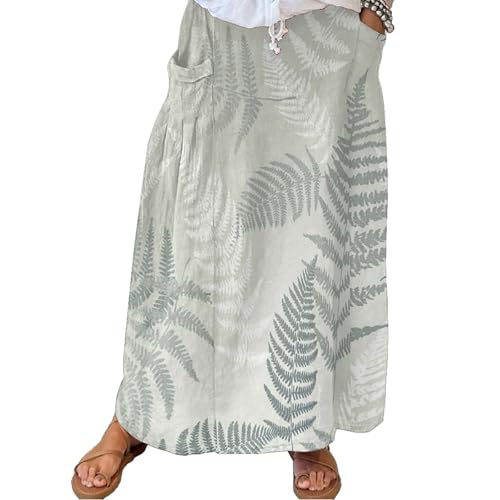 CIZEUR Röcke Damen Sommer Lang Blumen Rock A-Linie Elastisch Taille Maxirock Boho Strandrock Sommerrock, L LTGR-Grüne Blätter von CIZEUR