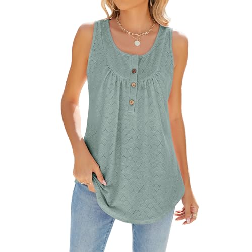 CIZEUR Sommer Tank Top Lang Damen Locker Oberteile Ärmellose V-Ausschnitt mit Knöpfen Tops Casual Elegant T Shirts Bluse,Dunkelgrün 2XL von CIZEUR