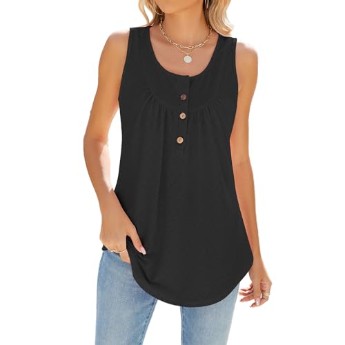 CIZEUR Sommer Tank Top Lang Damen Locker Oberteile Ärmellose V-Ausschnitt mit Knöpfen Tops Casual Elegant T Shirts Bluse,Schwarz L von CIZEUR