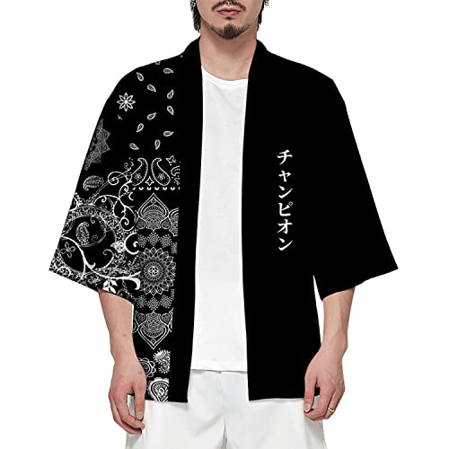 CIZEUR Sommerjacke Mode japanische Herren Jacke Strickjacke Paar Kimono Mantel lässig, 2XL Black with White Flowers von CIZEUR