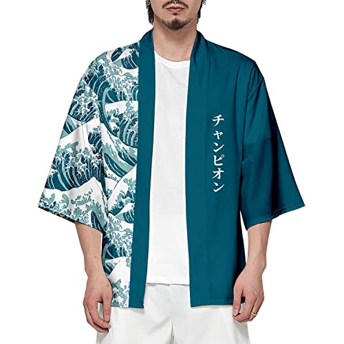 CIZEUR Sommerjacke Mode japanische Herren Jacke Strickjacke Paar Kimono Mantel lässig, 2XL Green Waves von CIZEUR