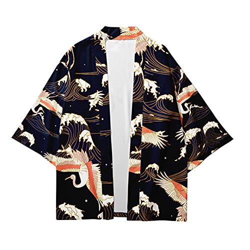 CIZEUR Sommerjacke Mode japanische Herren Jacke Strickjacke Paar Kimono Mantel lässig, 2XL Weißer orangefarbener Kran von CIZEUR