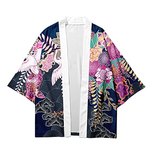 CIZEUR Sommerjacke Mode japanische Herren Jacke Strickjacke Paar Kimono Mantel lässig, L Bunte Blumen und Kraniche von CIZEUR