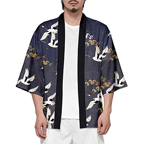 CIZEUR Sommerjacke Mode japanische Herren Jacke Strickjacke Kimono 3/4 Ärmel Mantel lässig, 4XL Cranes von CIZEUR