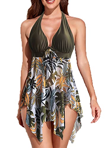 CIZEUR Tankini Damen Bauchweg Große Größen mit Short Badeanzug Blumendruck Push up Beachwear Swim Kleid Elegante 3XL Olivgrün von CIZEUR