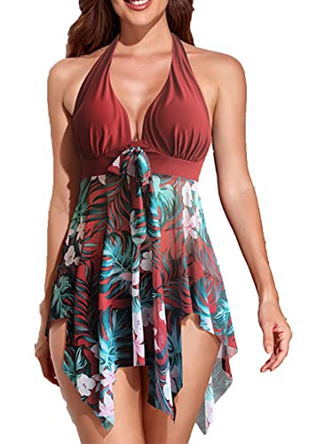 CIZEUR Tankini Damen Bauchweg Große Größen mit Short Badeanzug Blumendruck Push up Beachwear Swim Kleid Elegante L Weinrot von CIZEUR