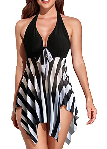 CIZEUR Tankini Damen Bauchweg Große Größen mit Short Badeanzug Blumendruck Push up Beachwear Swim Kleid Elegante S Streifen von CIZEUR