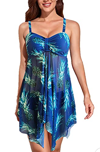 CIZEUR Tankini Damen Bauchweg Zweiteiler Push up Verstellbare Schultergurte Schwimmkleid mit Slip Mesh Botanischer Druck，2XL Blaue Ananas von CIZEUR