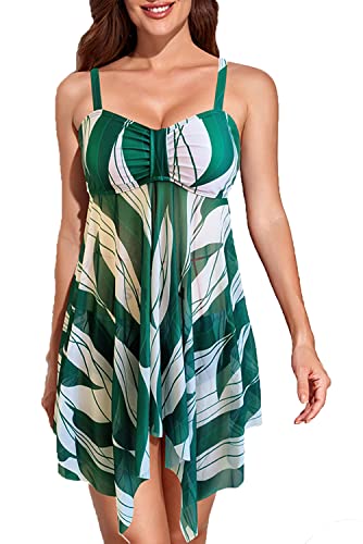 CIZEUR Tankini Damen Bauchweg Zweiteiler Push up Verstellbare Schultergurte Schwimmkleid mit Slip Mesh Botanischer Druck，2XL Grün und weiß von CIZEUR