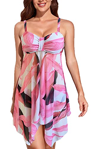 CIZEUR Tankini Damen Bauchweg Zweiteiler Push up Verstellbare Schultergurte Schwimmkleid mit Slip Mesh Botanischer Druck，2XL Rosa und weiß von CIZEUR