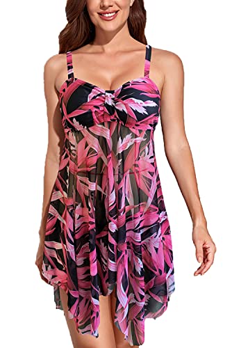 CIZEUR Tankini Damen Bauchweg Zweiteiler Push up Verstellbare Schultergurte Schwimmkleid mit Slip Mesh Botanischer Druck，3XL Schwarze Rose von CIZEUR