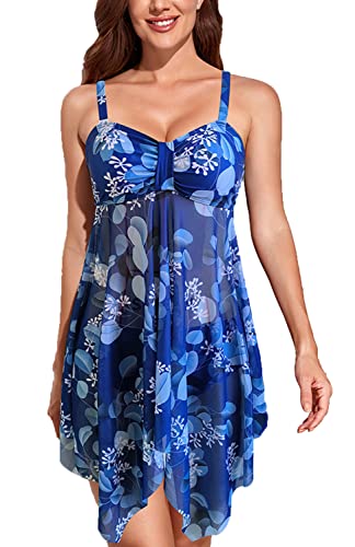 CIZEUR Tankini Damen Bauchweg Zweiteiler Push up Verstellbare Schultergurte Schwimmkleid mit Slip Mesh Botanischer Druck，4XL Blaues Blatt von CIZEUR